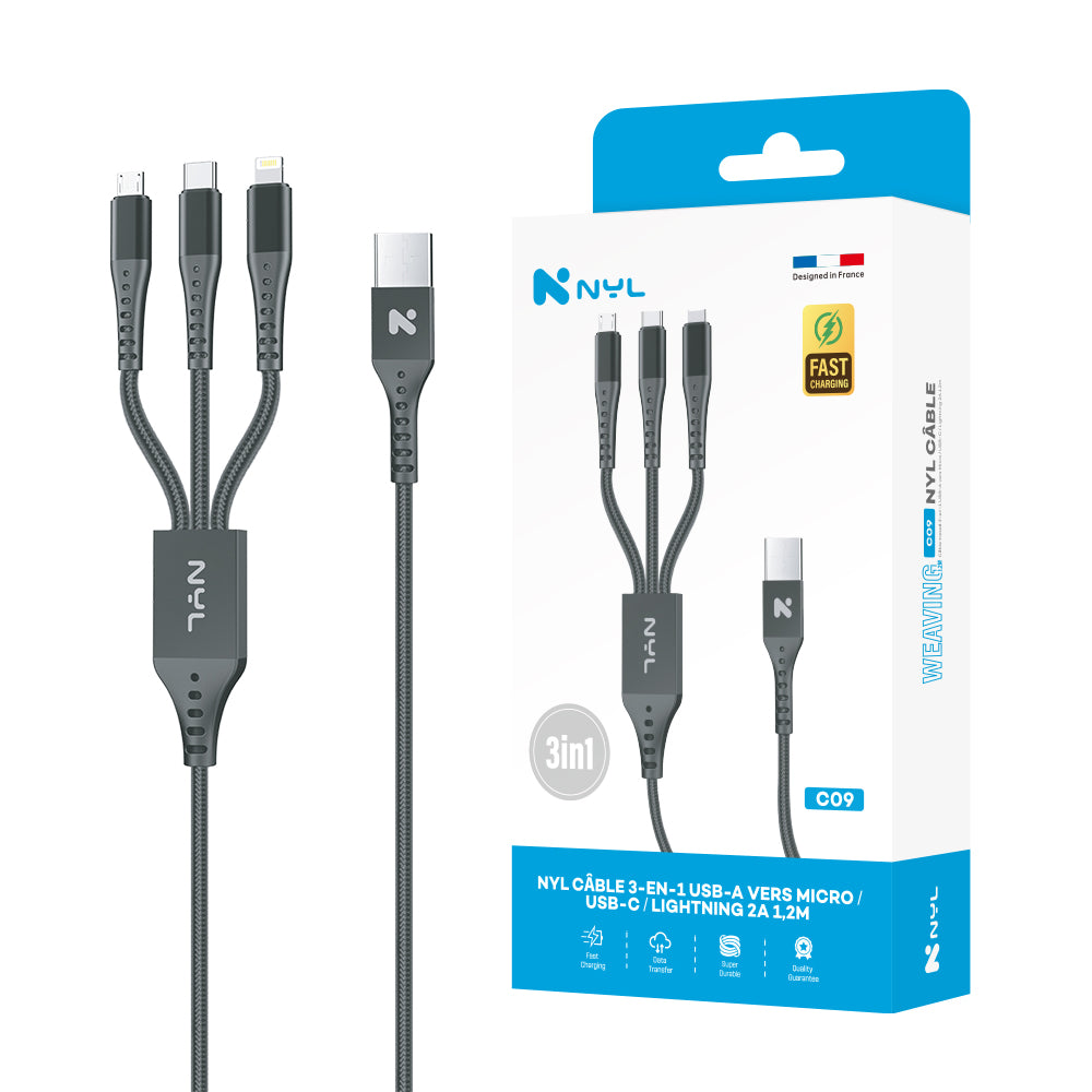 NYL Câble USB vers USB -A/Type C/Lightning 2A 1.2M
